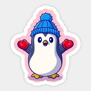 Cute Penguin Wearing Glove and hat Cartoon Sticker